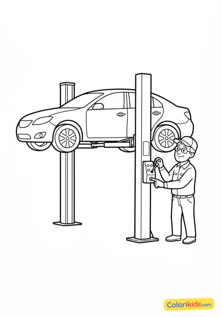 Ausmalbild zum Ausdrucken: professioneller Mechaniker hebt eine moderne Limousine auf einer Hebebühne an