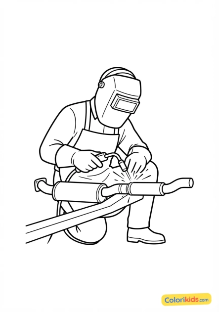 Coloriage à imprimer : mécanicien qualifié soudant un tuyau d'échappement avec un masque de protection
