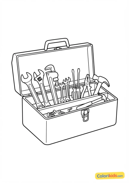 Coloriage à imprimer : boîte à outils rouge en métal remplie de clés à molette et de tournevis