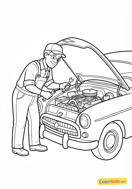 Coloriage à imprimer : mécanicien chevronné inspectant le moteur ouvert d'une voiture classique