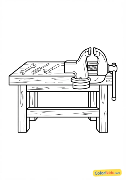 Coloriage à imprimer : Établi en bois massif avec un grand étau en fonte fixé dessus
