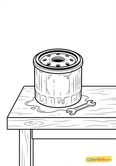 Coloriage à imprimer : filtre à huile usagé posé sur un établi d'atelier mécanique