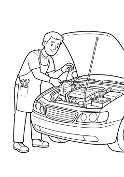 Voir le coloriage Technicien appliqué vérifiant le niveau de liquide de refroidissement