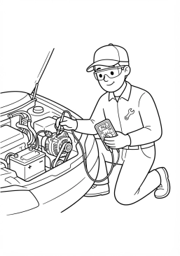Voir le coloriage Électricien auto testant l'alternateur avec un multimètre numérique