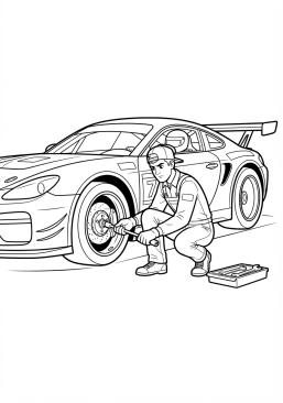 Voir le coloriage Technicien automobile concentré changeant la roue d'une voiture de course sportive