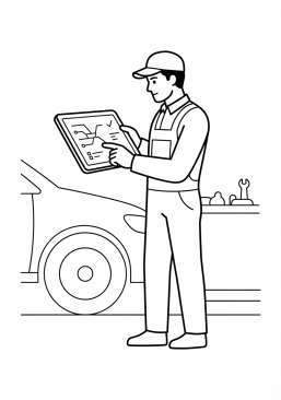 Voir le coloriage Opérateur de garage concentré tenant une tablette tactile avec un diagnostic électronique