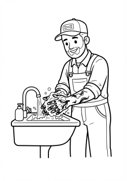 Voir le coloriage Mécanicien nettoyant ses mains pleines de cambouis avec un savon spécial