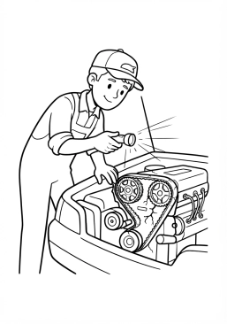 Voir le coloriage Mécanicien inspectant une courroie de distribution usée à la lumière