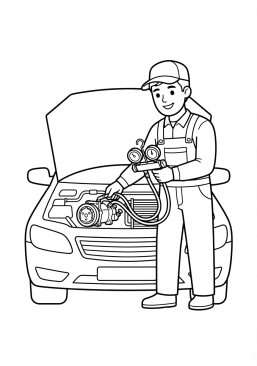 Voir le coloriage Mécanicien réparant le système de climatisation automobile