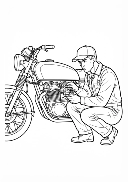 Voir le coloriage Mécanicien minutieux ajustant le carburateur d'une moto vintage