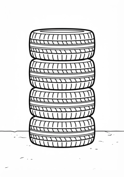 Voir le coloriage Paire de pneus de voiture neufs empilés proprement dans l'atelier