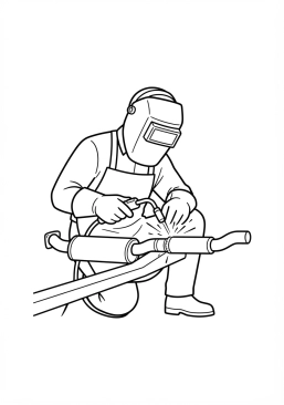 Voir le coloriage Mécanicien qualifié soudant un tuyau d'échappement avec un masque de protection