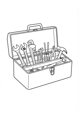 Voir le coloriage Boîte à outils rouge en métal remplie de clés à molette et de tournevis