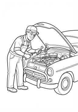 Voir le coloriage Mécanicien chevronné inspectant le moteur ouvert d'une voiture classique