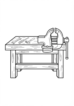 Voir le coloriage Établi en bois massif avec un grand étau en fonte fixé dessus