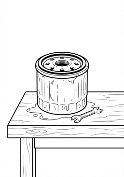Voir le coloriage Filtre à huile usagé posé sur un établi d'atelier mécanique