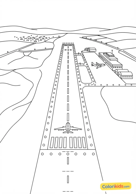 Coloriage à imprimer : vue aérienne d'une piste d'atterrissage illuminée la nuit