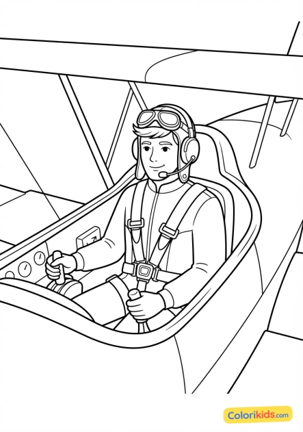 Coloriage à imprimer : pilote de voltige attaché dans son cockpit ouvert avant le show