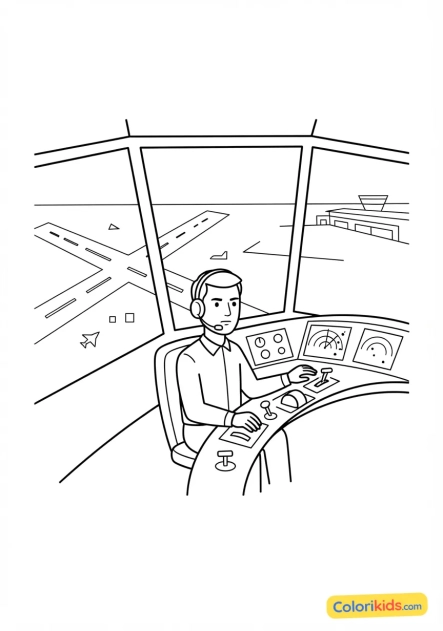 Coloriage à imprimer : contrôleur aérien dans une tour de contrôle surveillant le trafic des pistes