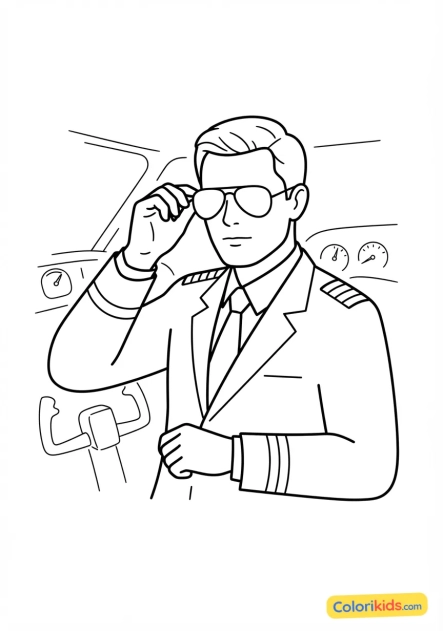 Coloriage à imprimer : pilote de ligne ajustant ses lunettes de soleil avant le vol