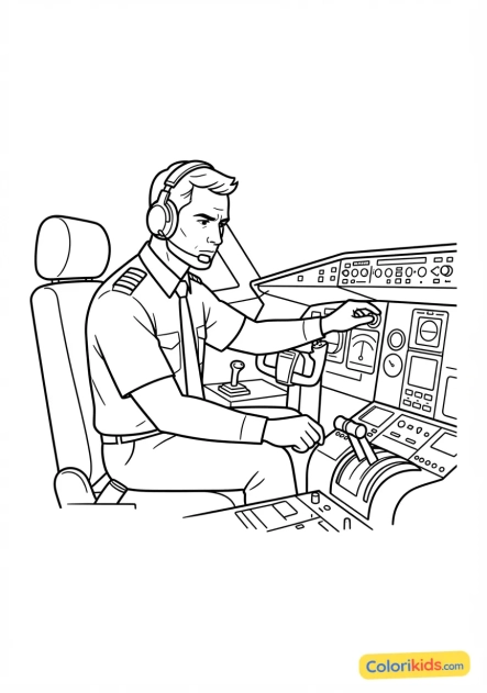 Coloriage à imprimer : pilote de ligne concentré vérifiant les instruments dans le cockpit