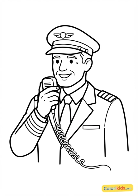 Coloriage à imprimer : commandant de bord faisant une annonce aux passagers au micro