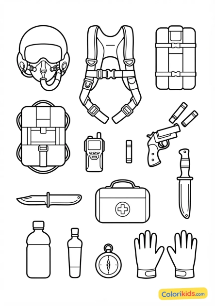 Coloriage à imprimer : Équipement complet de survie d'un pilote de chasse éjectable