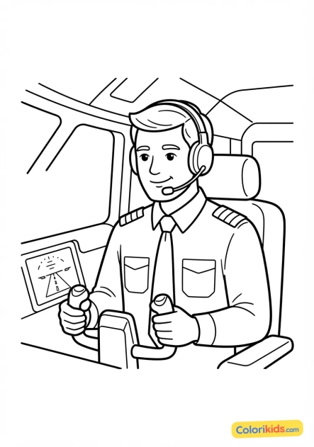 Coloriage à imprimer : pilote de ligne expérimenté souriant lors de la descente finale