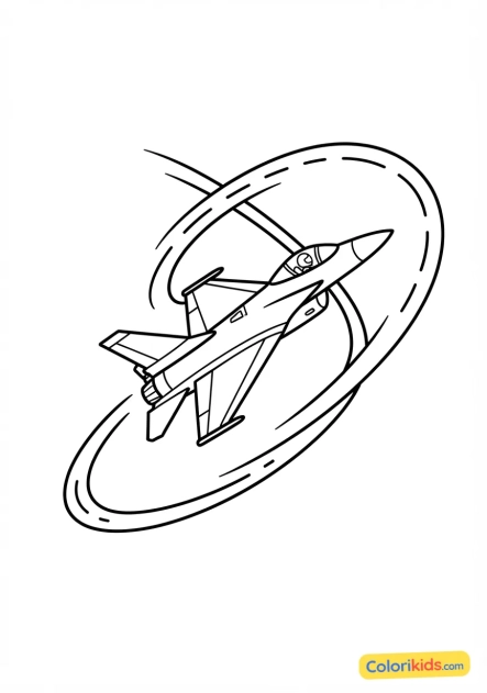 Coloriage à imprimer : avion de chasse effectuant une figure acrobatique dans le ciel bleu