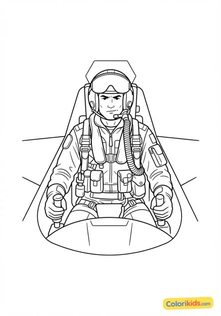 Coloriage à imprimer : pilote de chasse en combinaison anti-G prêt pour le décollage