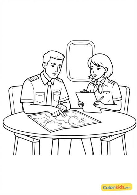 Coloriage à imprimer : briefing de vol entre pilotes dans une salle de préparation