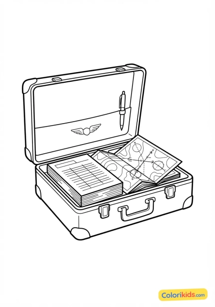 Coloriage à imprimer : valise de vol rigide contenant des documents papier et des cartes