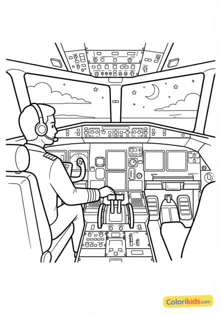 Coloriage à imprimer : tableau de bord illuminé d'un avion de ligne de nuit