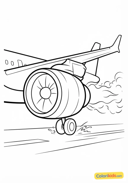 Coloriage à imprimer : moteur à réaction rugissant au décollage sur une piste humide