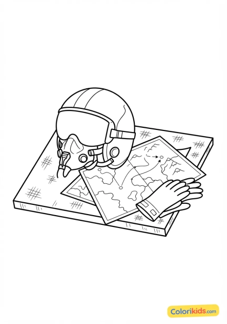 Coloriage à imprimer : casque de pilote militaire posé sur une table en métal avec des cartes de vol