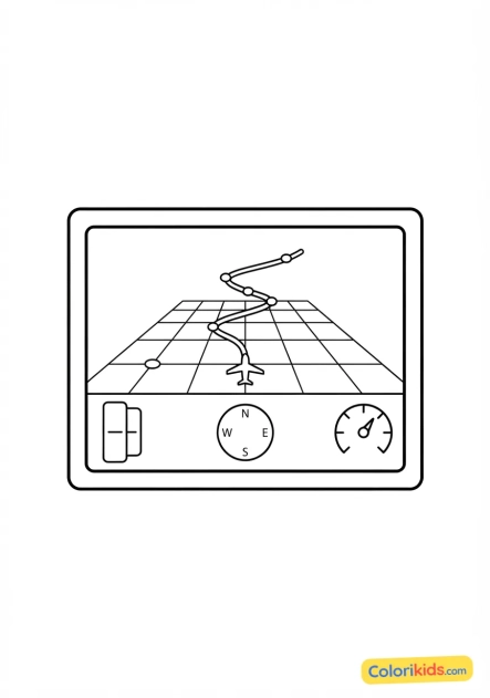 Printable coloring page: navigation radars displaying flight path in 3D