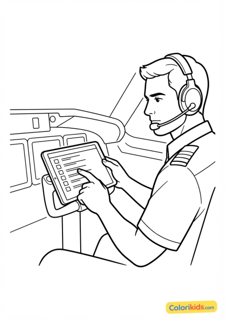 Printable coloring page: pilot checking the checklist on a touch screen