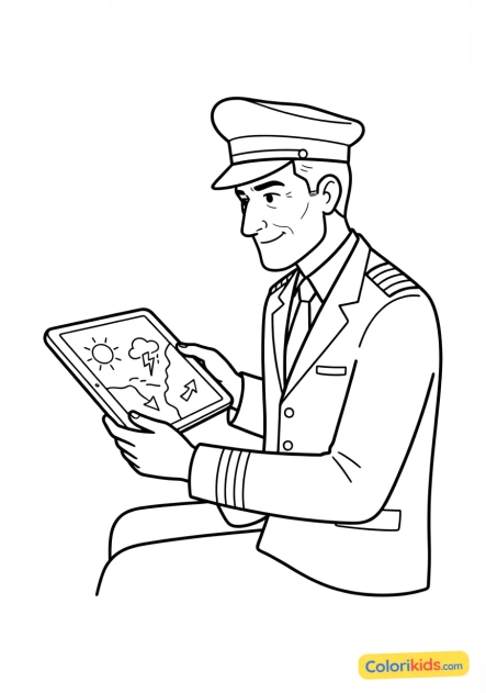 Coloriage à imprimer : pilote consultant sa tablette numérique pour la météo de vol