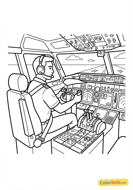 Coloriage à imprimer : pilote en cabine de simulateur de vol lors d'un entraînement intensif