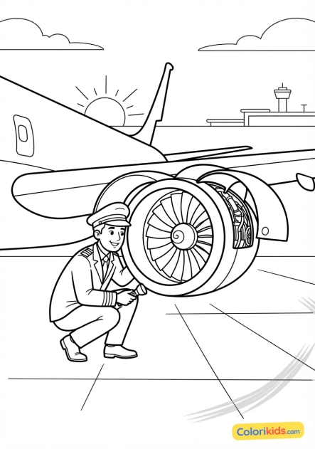 Coloriage à imprimer : pilote inspectant les réacteurs d'un avion sur le tarmac à l'aube