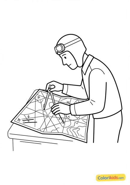 Coloriage à imprimer : pilote penché sur une carte aéronautique papier avec un compas
