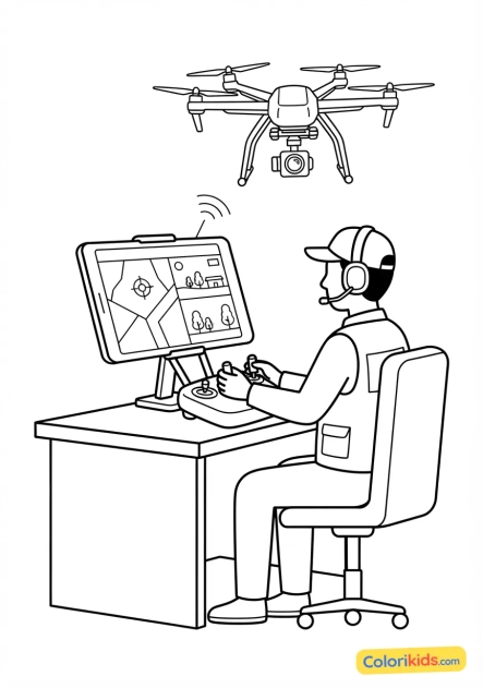 Coloriage à imprimer : pilote de drone professionnel contrôlant un engin de prise de vue