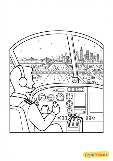 Coloriage à imprimer : reflet des lumières de la ville dans le pare-brise de l'avion en approche
