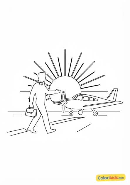 Coloriage à imprimer : silhouette d'un pilote marchant vers son avion au coucher du soleil