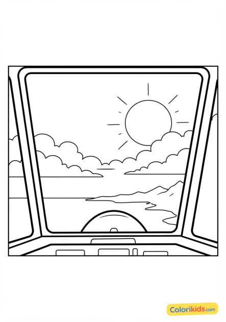 Coloriage à imprimer : vue depuis le pare-brise d'un avion volant au-dessus des nuages au coucher du soleil