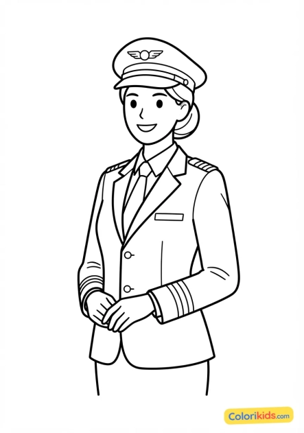 Coloriage à imprimer : jeune femme pilote souriant en uniforme complet avec casquette