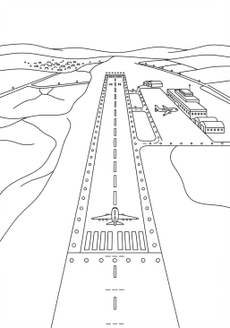 Voir le coloriage Vue aérienne d'une piste d'atterrissage illuminée la nuit
