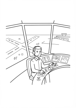 Voir le coloriage Contrôleur aérien dans une tour de contrôle surveillant le trafic des pistes