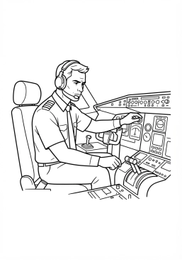 Voir le coloriage Pilote de ligne concentré vérifiant les instruments dans le cockpit