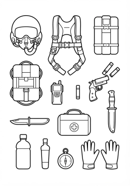 Voir le coloriage Équipement complet de survie d'un pilote de chasse éjectable